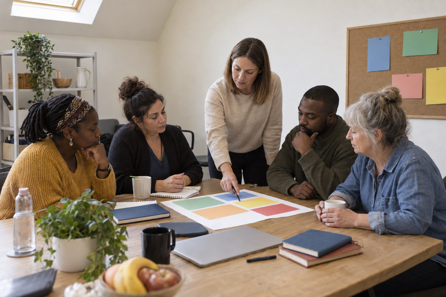 Diverse home-care agency team in a practical training huddle