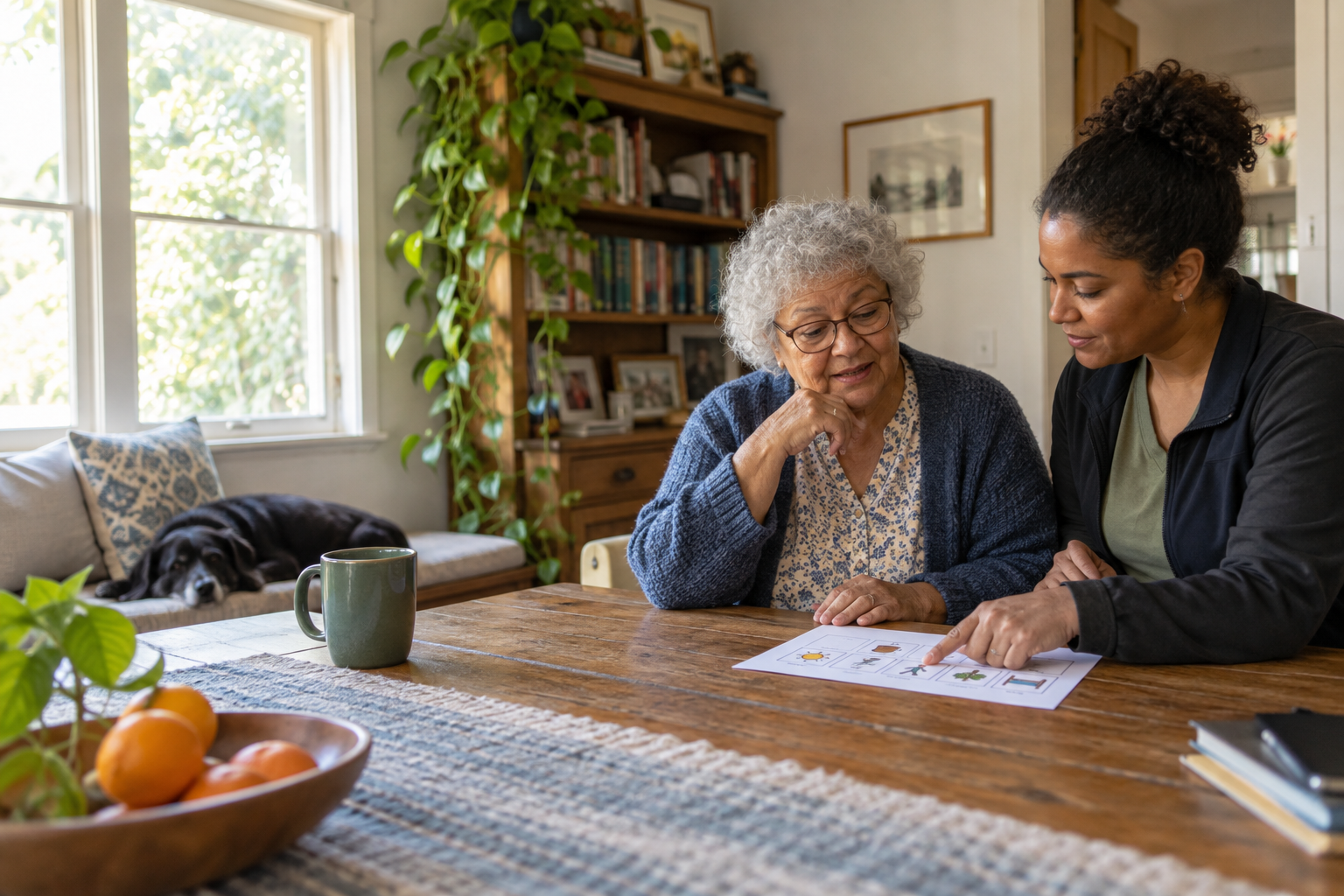 Home-care worker and older adult review a daily plan together in a bright lived-in home